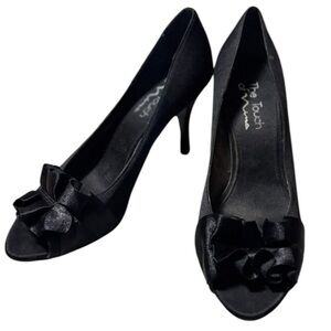 Touch of Nina Black Satin Heels Open Toe with Ruffle Size 7.5 Peep Toe Stiletto
